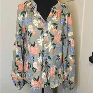 Frye Floral Blouse Green, Pink, Blue Coastal Cowgirl Western Boho Puff sleeves
